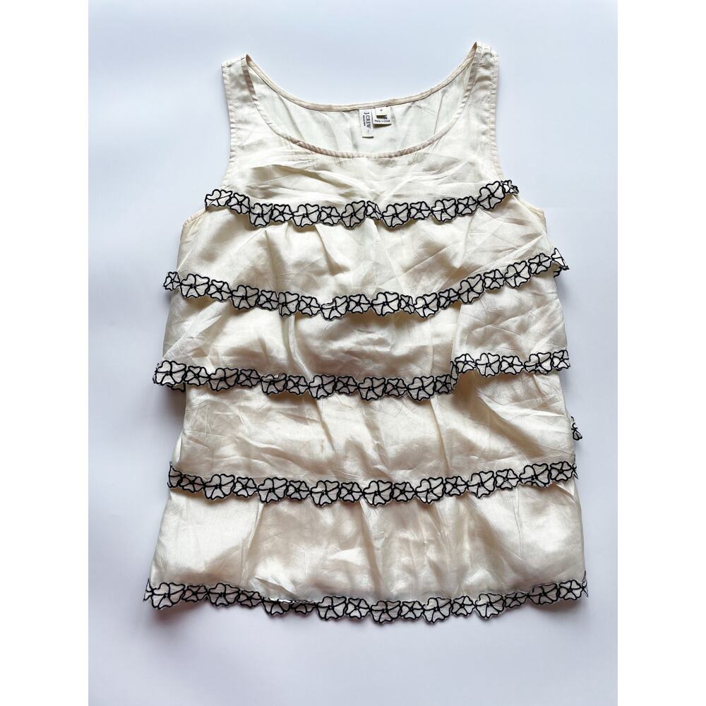 J. Crew Ivory Silk Tank Top Tiered Ruffles and Black Floral Embroidery Size 0